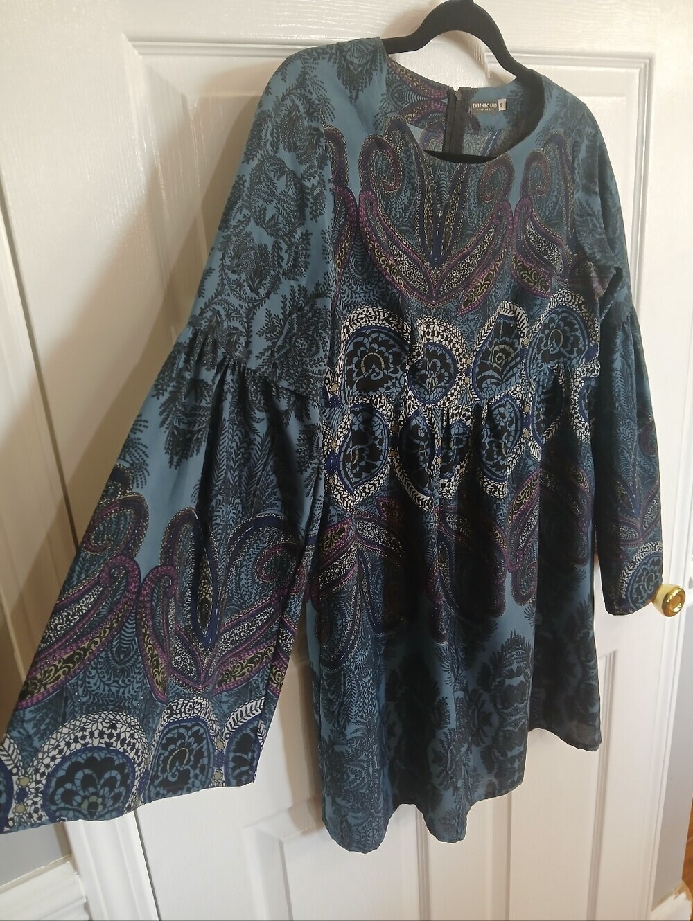 Earthbound Dark Paisley Tunic Dress Boho Whimsigoth Empire Waist Bell Sleeve